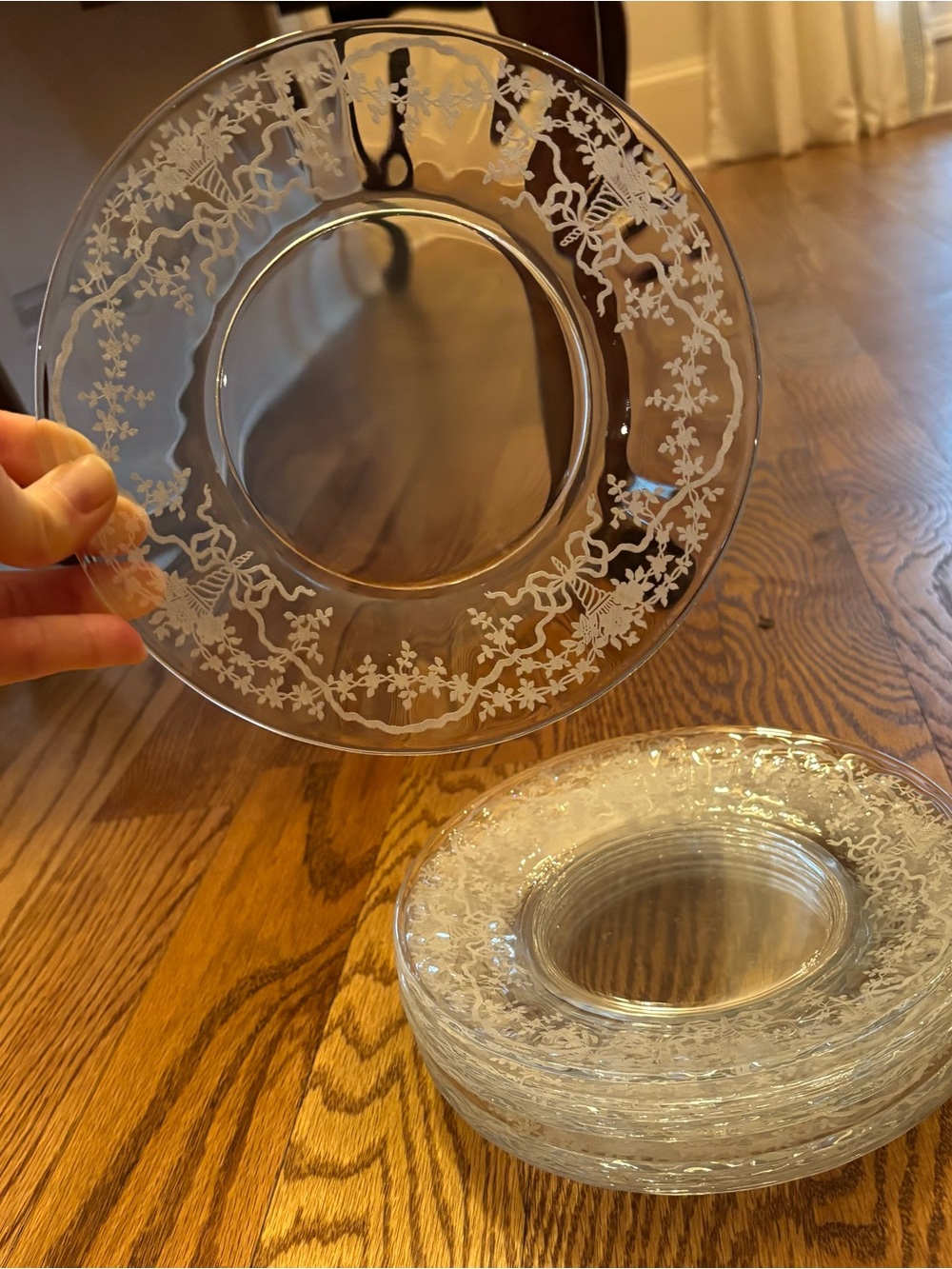 Set of 9 Fostoria Corsage glass etched vintage salad plates